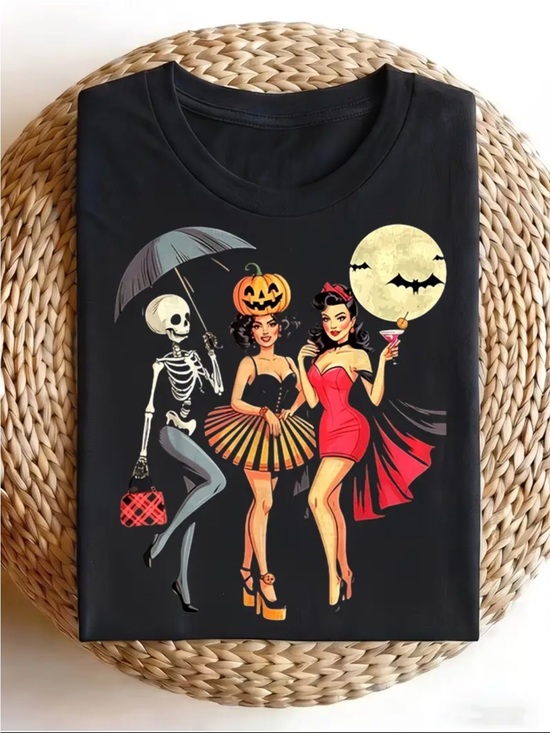 Tops - Women’s Black Halloween Pin-Up Graphic Tee - Retro Party Print